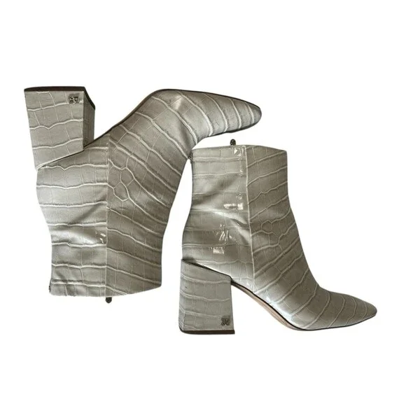 Sam Edelman Daruby Croc Ivory Block Heel Square Toe Boots Side Zip 9.5M - Picture 5 of 12